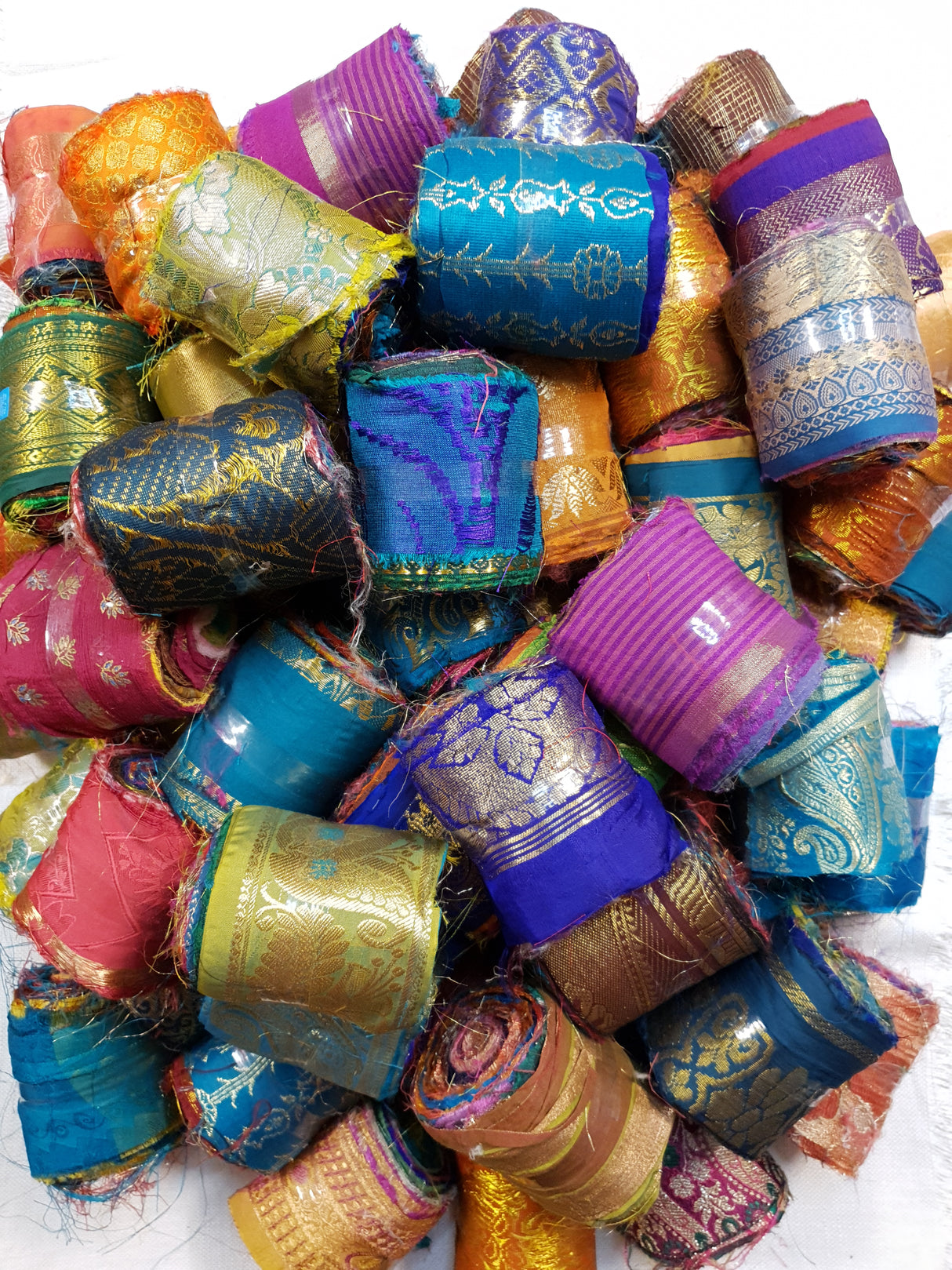 Reclaimed Sari Silk Ribbon - Metallic Border Rolls - 2023