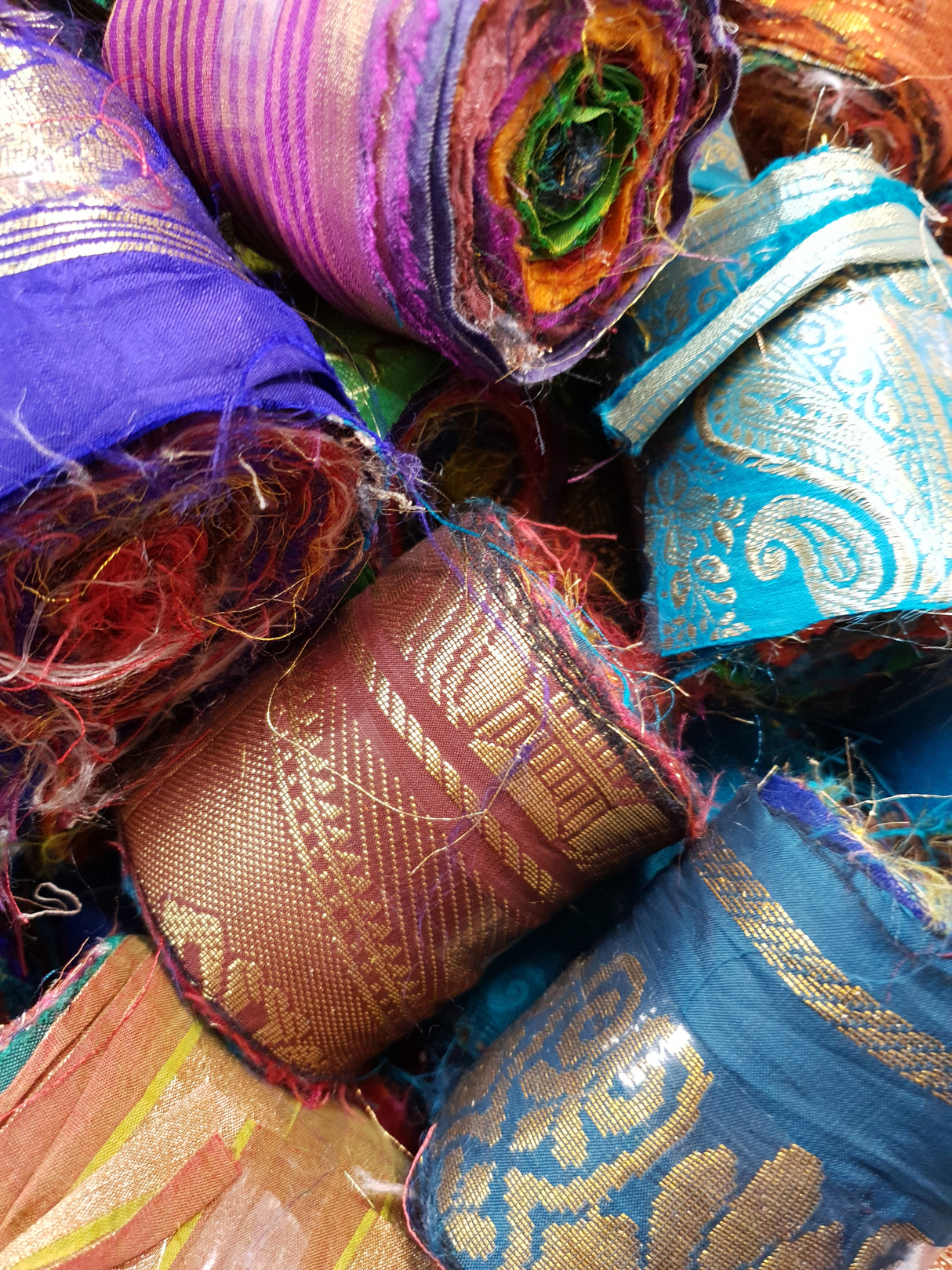Reclaimed Sari Silk Ribbon - Metallic Border Rolls - 2023