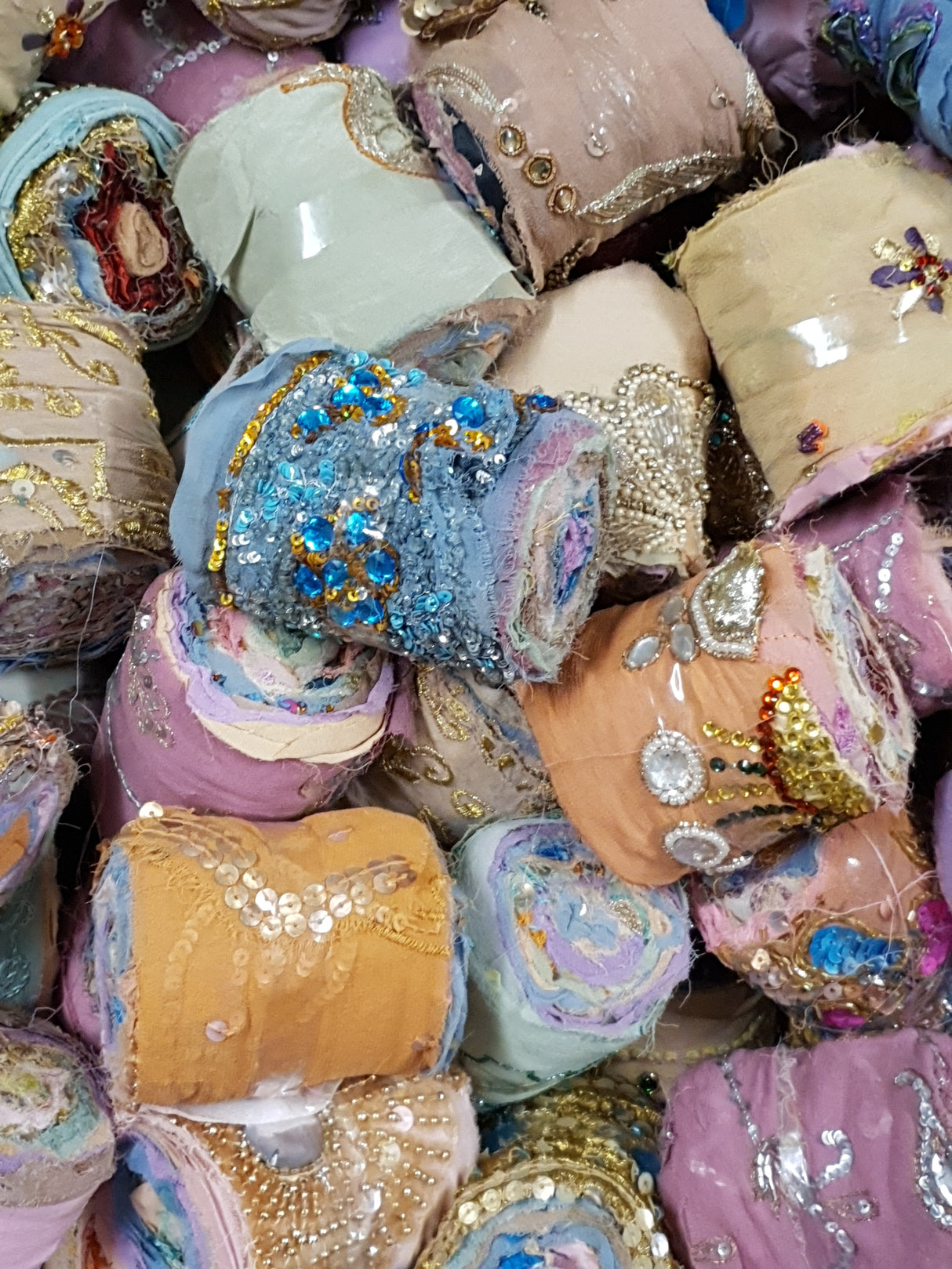 Reclaimed Sari Silk Ribbon - Pastel Embellished Rolls - 2023