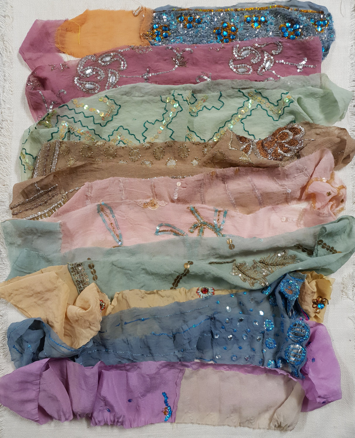 Reclaimed Sari Silk Ribbon - Pastel Embellished Rolls - 2023