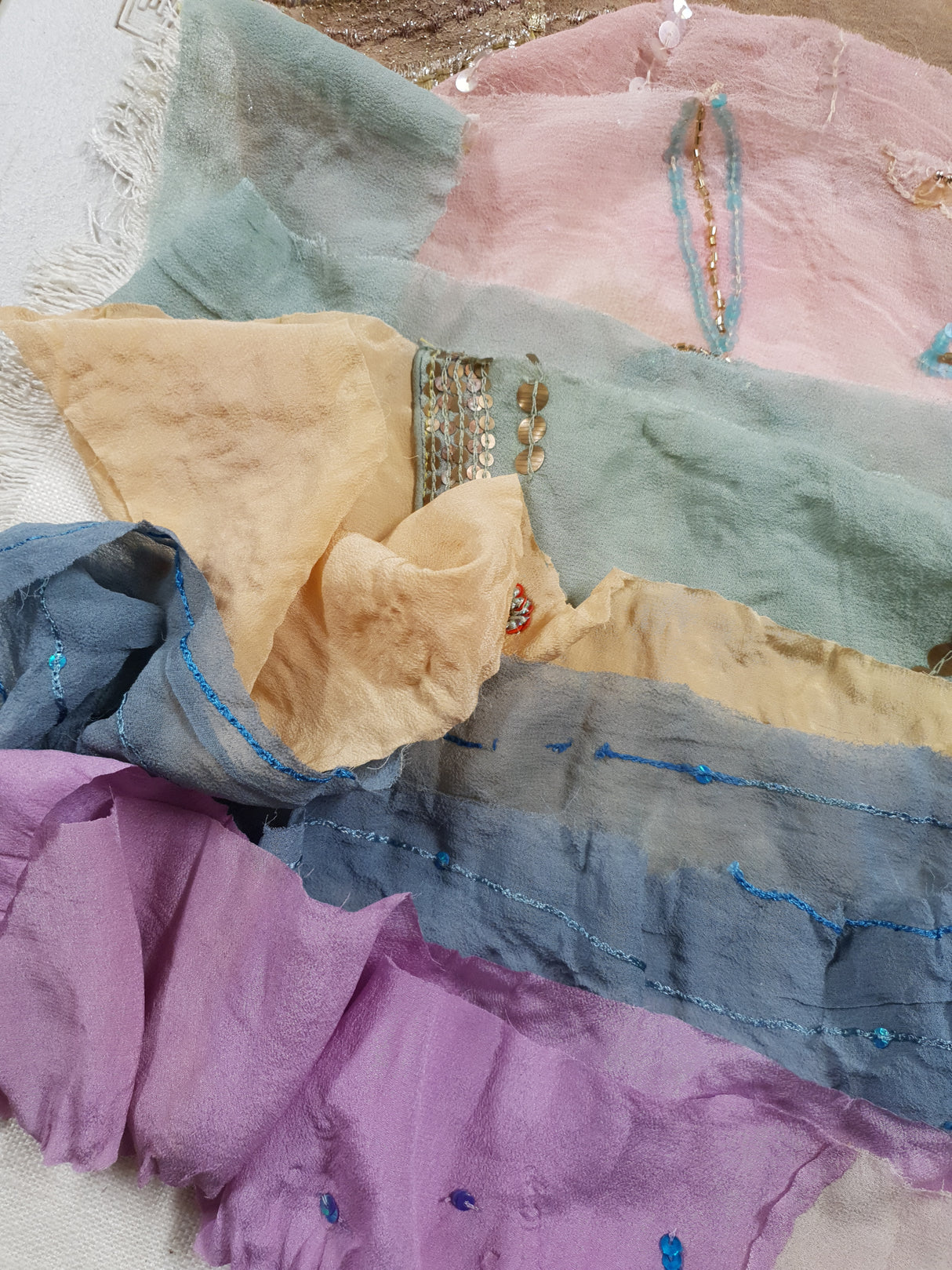 Reclaimed Sari Silk Ribbon - Pastel Embellished Rolls - 2023