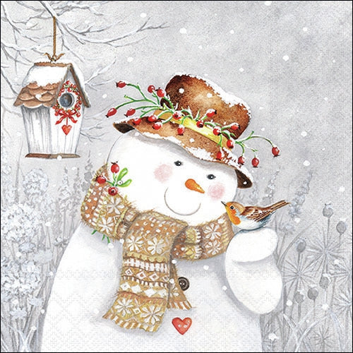 Decoupage Napkin - (DN-8862) - Snowman Holding Robin