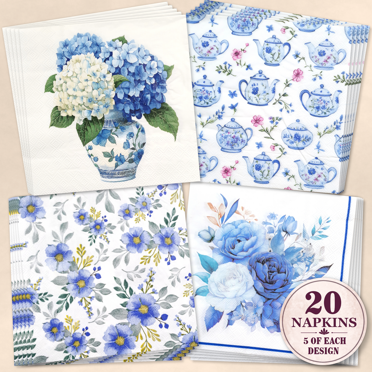 Blue Floral Decoupage Napkin Bundle – Set of 20