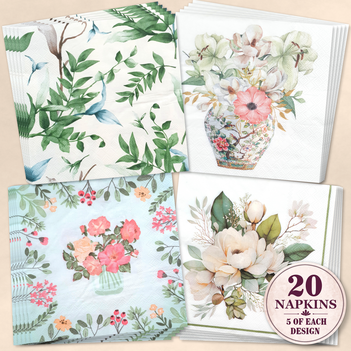 Botanical Floral Decoupage Napkin Bundle – Set of 20