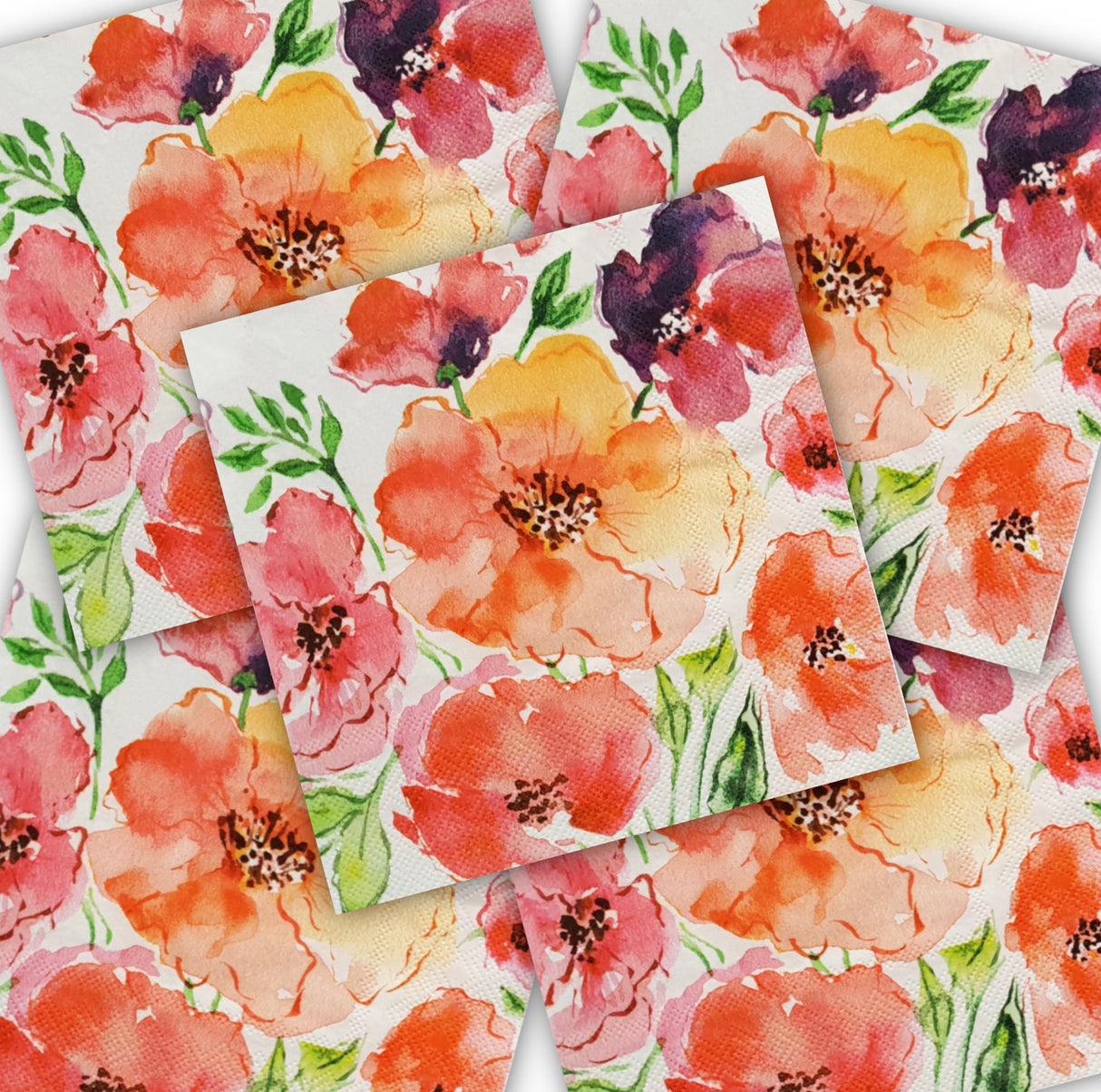 Decoupage Napkin - (DN-8083) - Watercolour Poppies - Set of 5