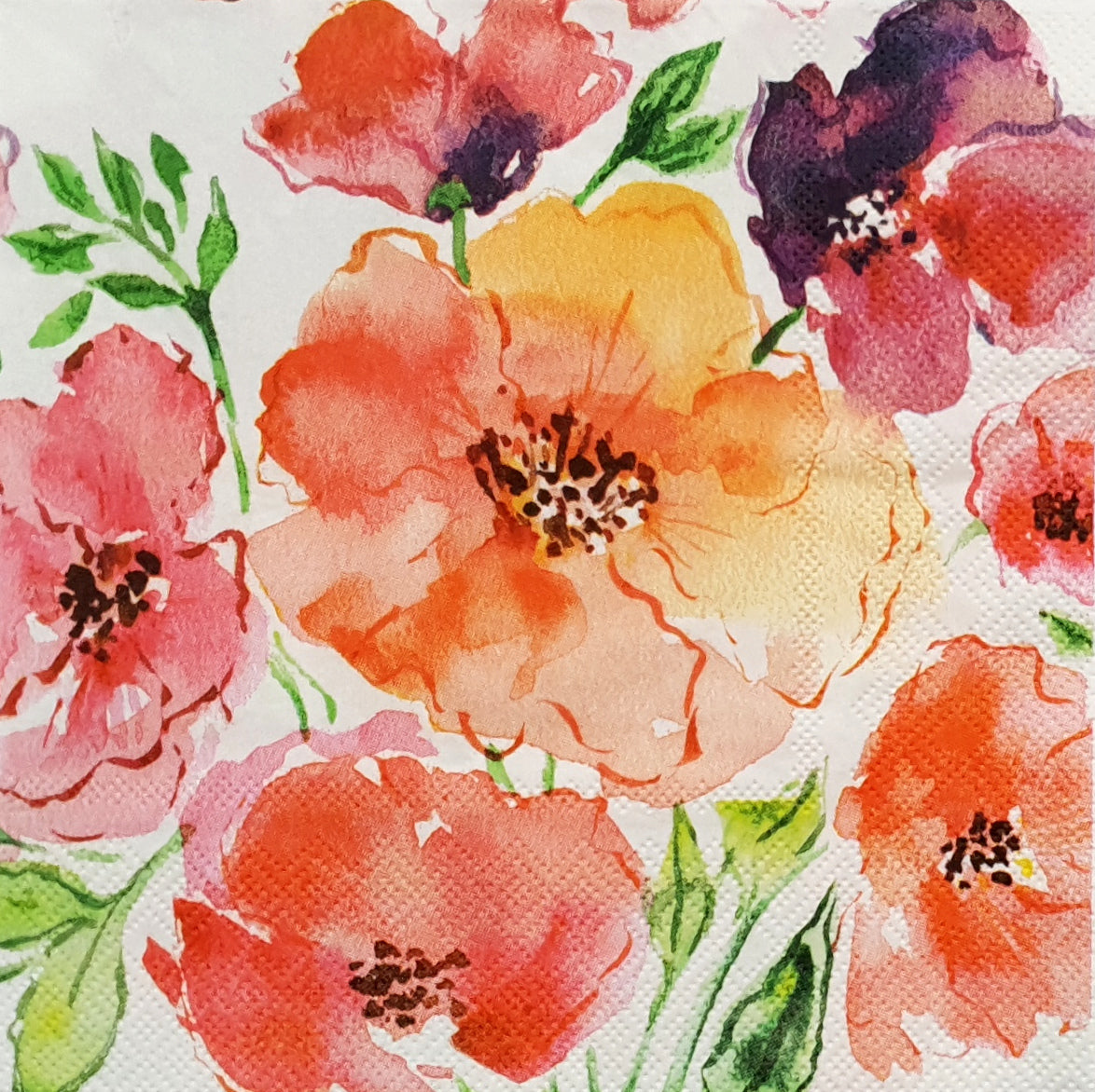 Decoupage Napkin - (DN-8083) - Watercolour Poppies - Set of 5