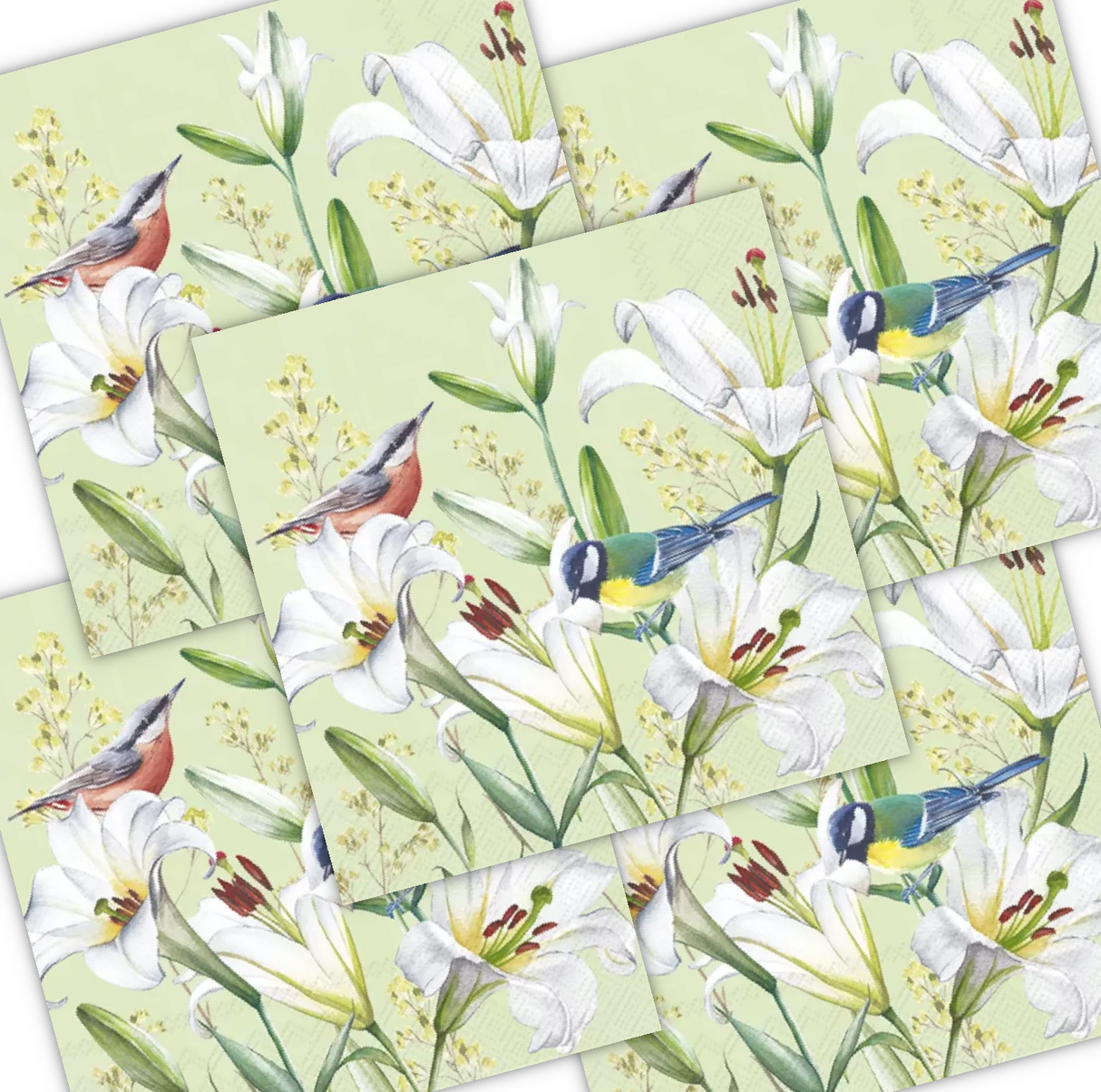Decoupage Napkin - (DN-8138) - Birds in Lilies - Light Green - Set of 5