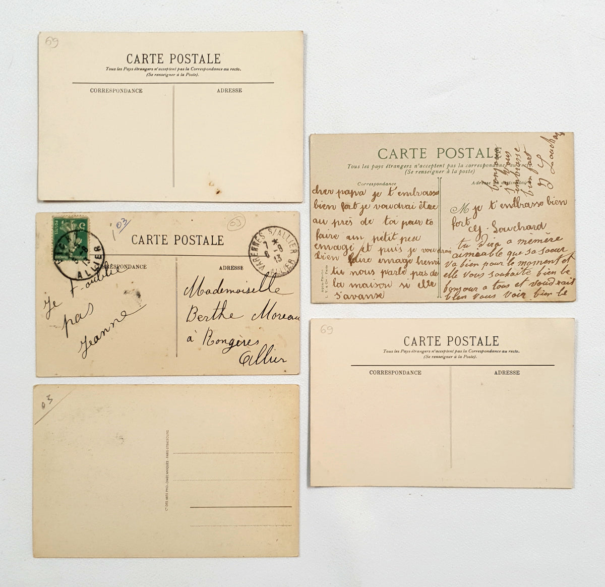 Authentic Vintage/Antique French Postcard - Set of 5 - GG