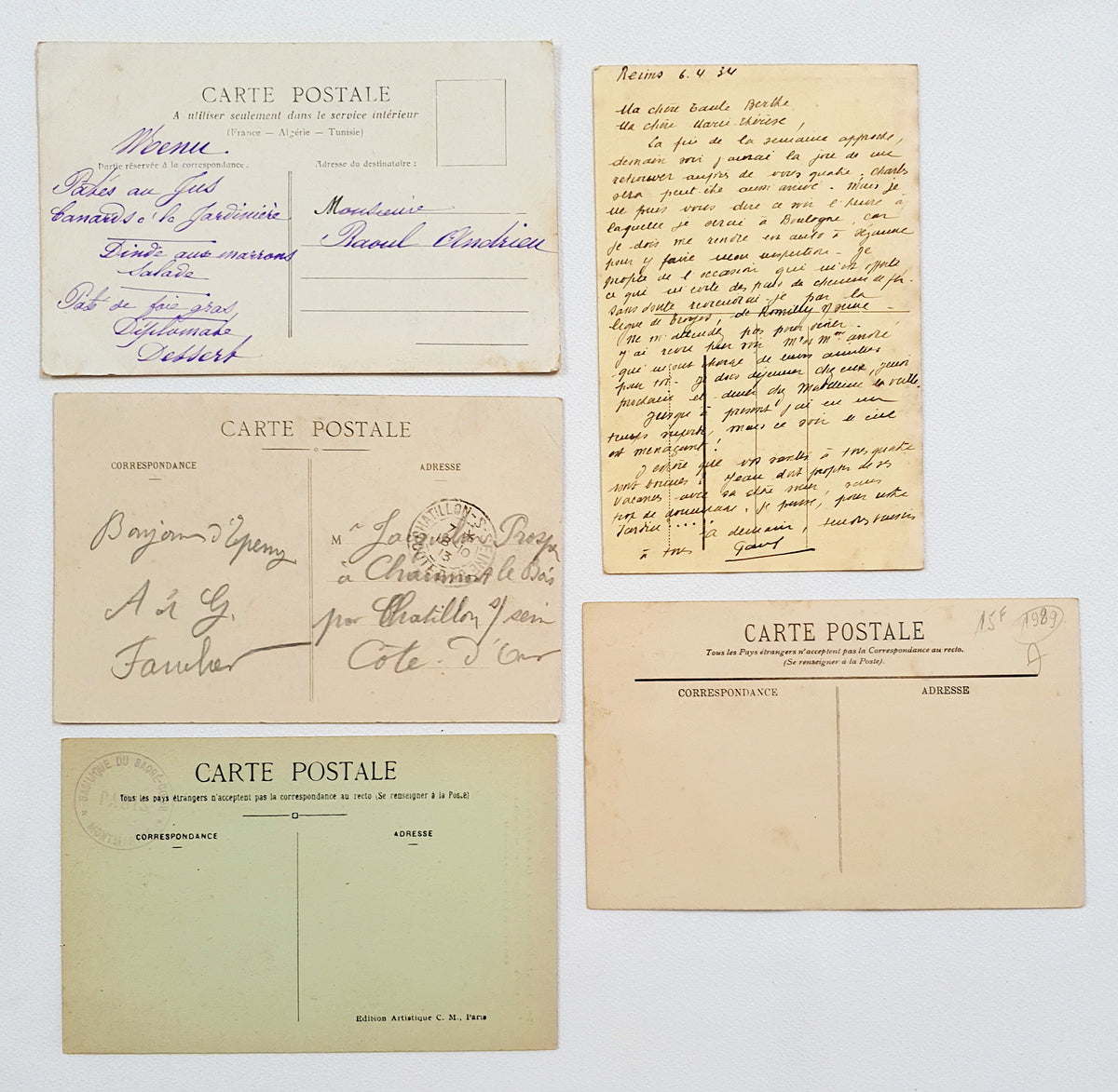 Authentic Vintage/Antique French Postcard - Set of 5 - JC