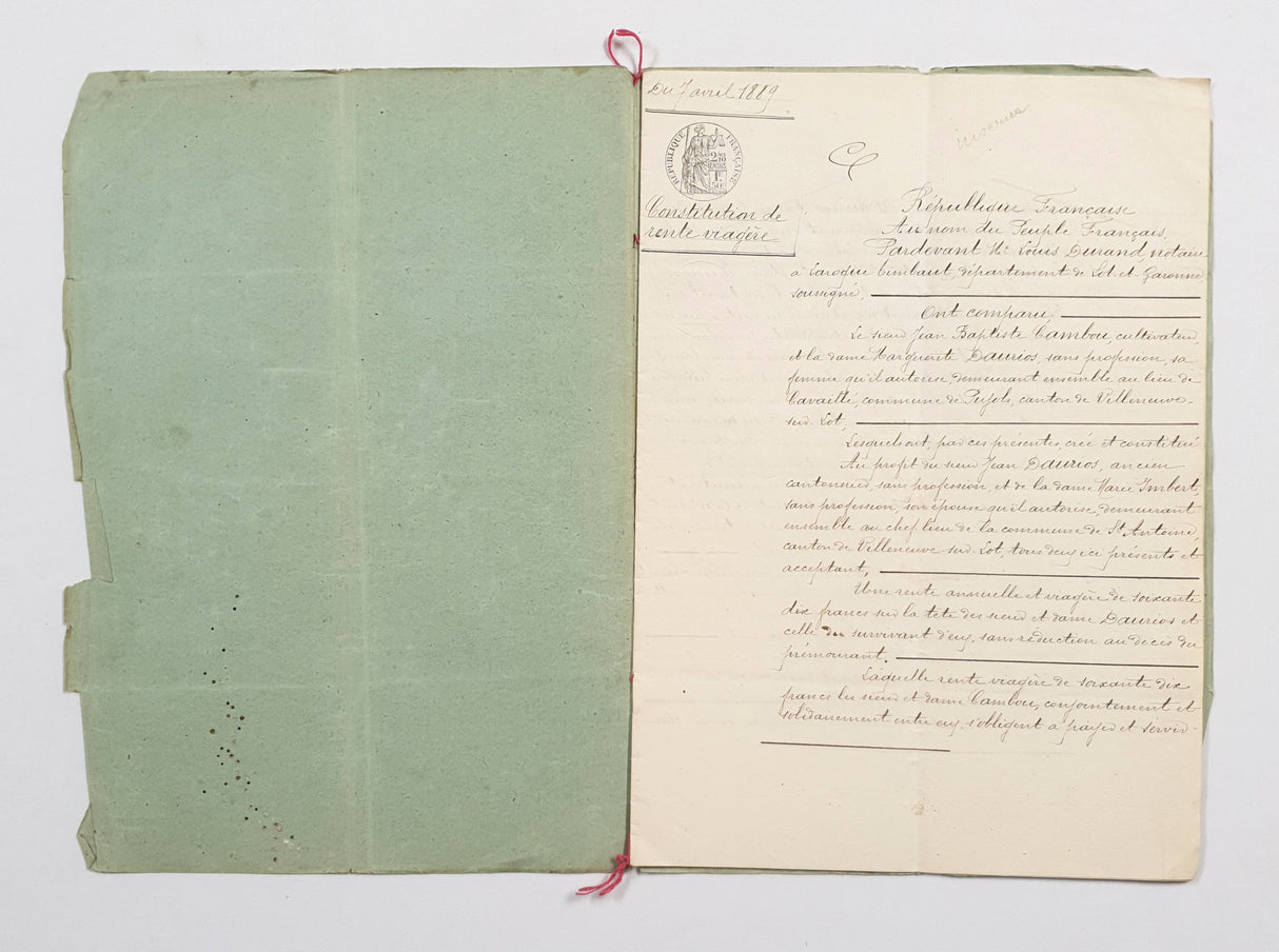 Authentic Antique French 1889 Notaire Document - BX