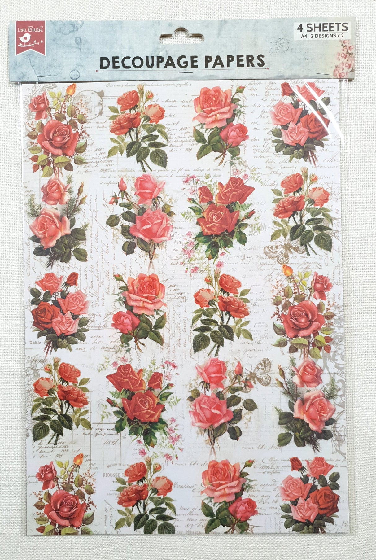 Decoupage Paper - A4 size - 4 sheets - (DP-1002) - Rose Passion / Rosy Tale