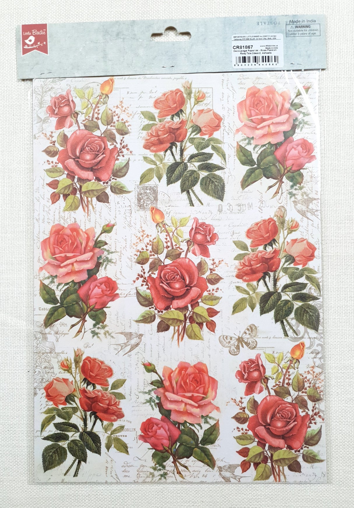 Decoupage Paper - A4 size - 4 sheets - (DP-1002) - Rose Passion / Rosy Tale