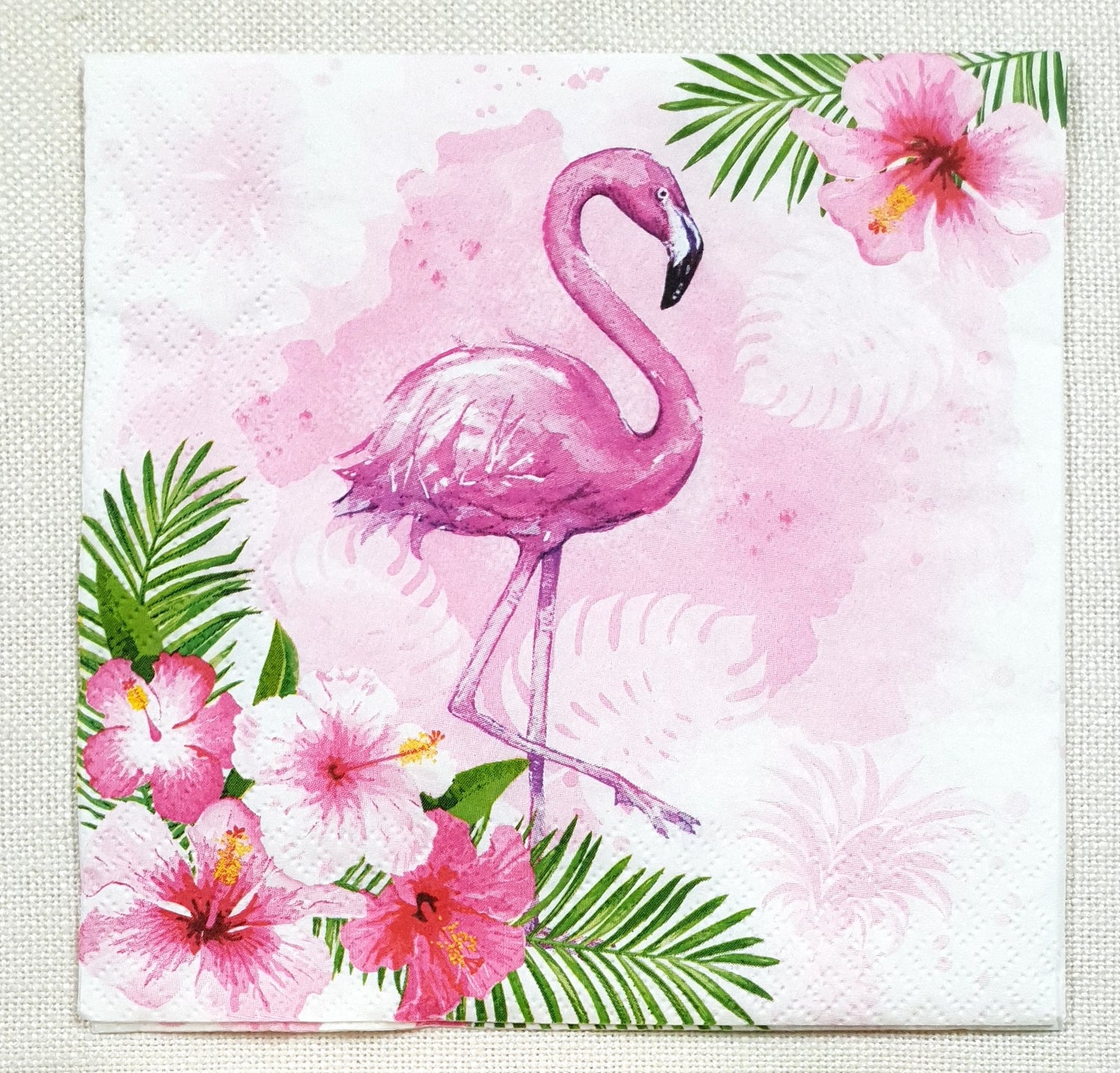 Decoupage Napkin - (DN-8370) - Watercolour Flamingo with Hibiscus Flowers