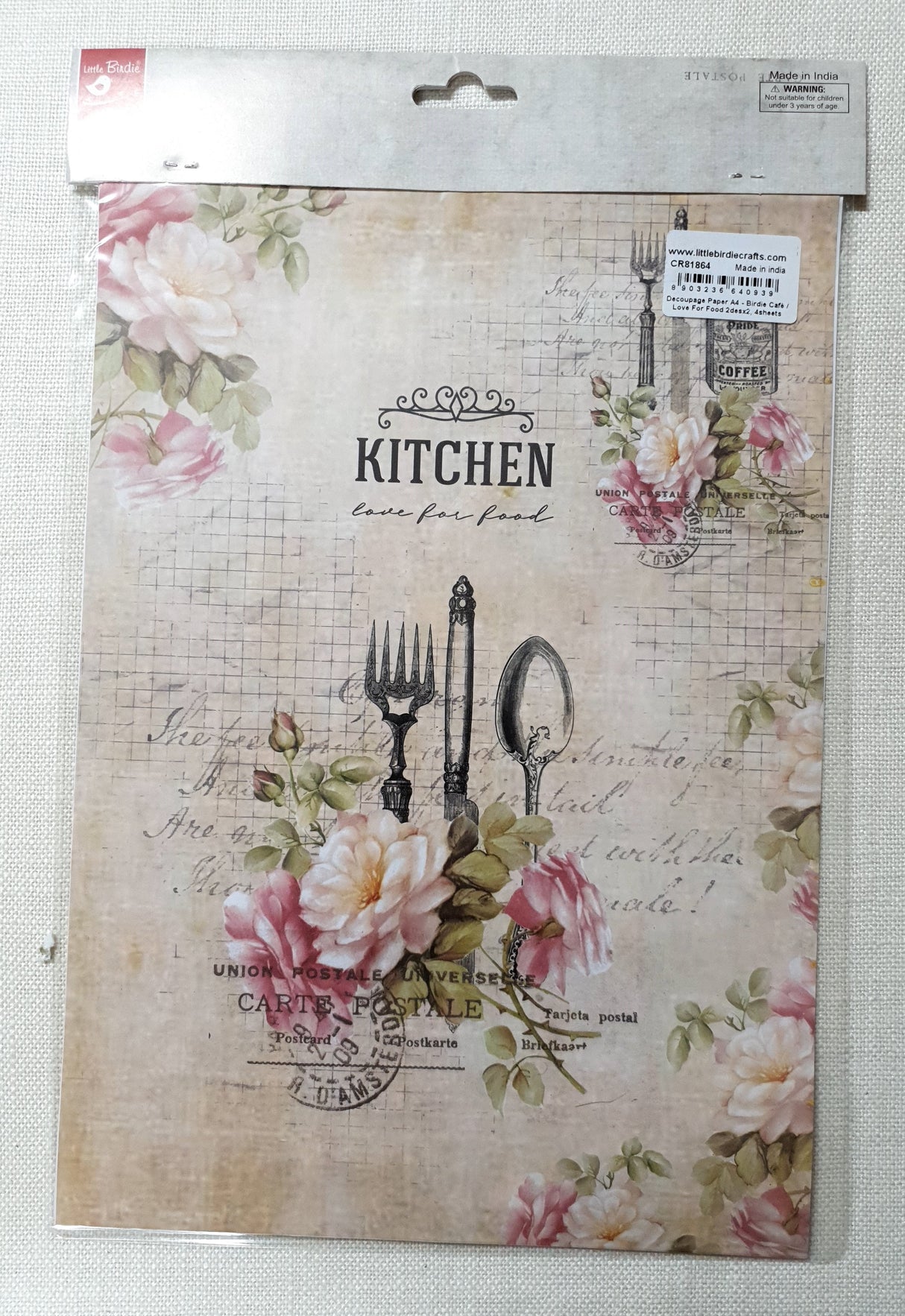 Decoupage Paper - A4 size - 4 sheets - (DP-1006) - Birdie Café / Love For Food