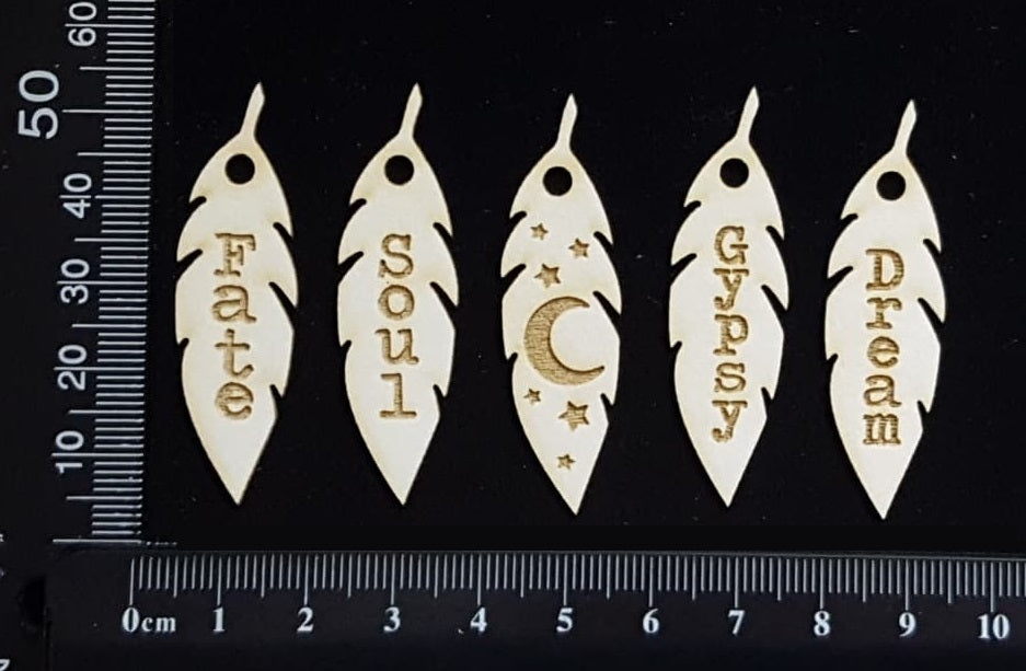 Laser Engraved Feather Word Charms Set - A - White Chipboard