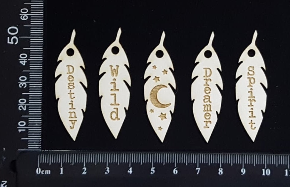 Laser Engraved Feather Word Charms Set - B - White Chipboard
