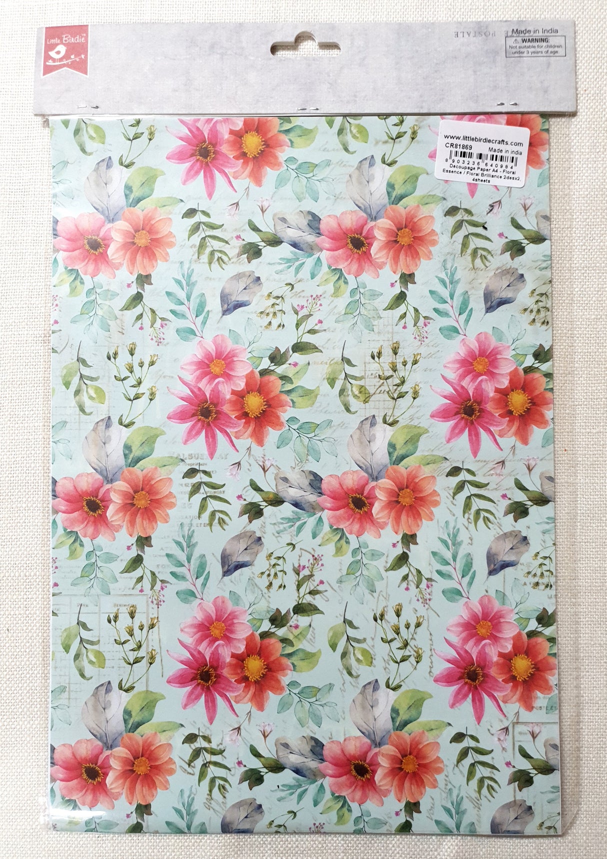 Decoupage Paper - A4 size - 4 sheets - (DP-1013) - Floral Essence / Floral Brilliance