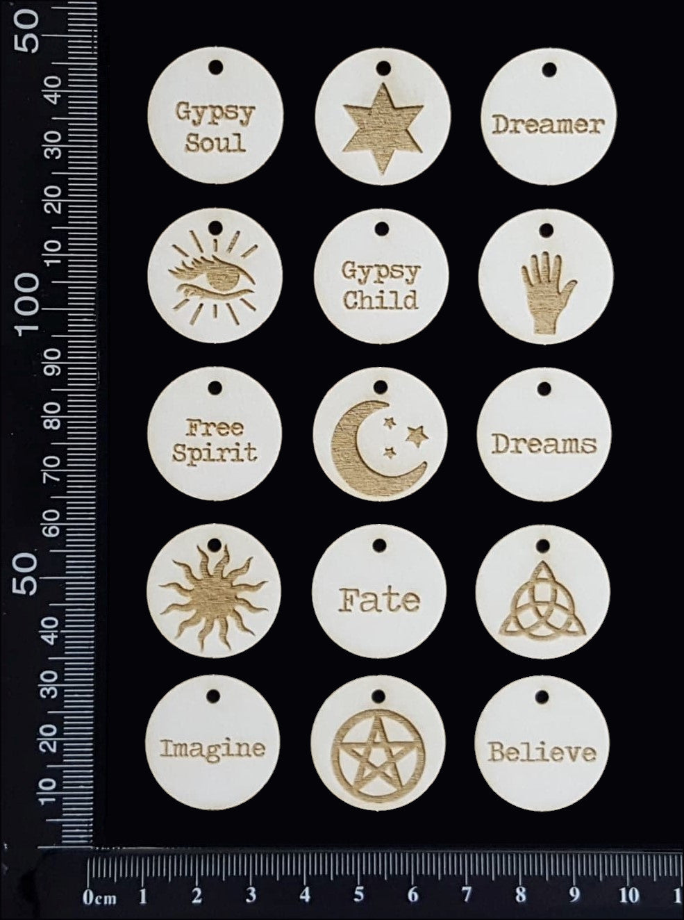 Laser Engraved Gypsy Circle Tags - B - White Chipboard
