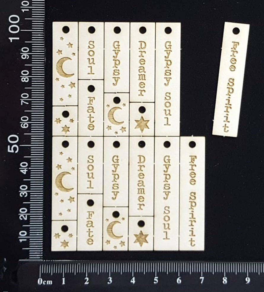 Laser Engraved Gypsy Word Charms - A - White Chipboard