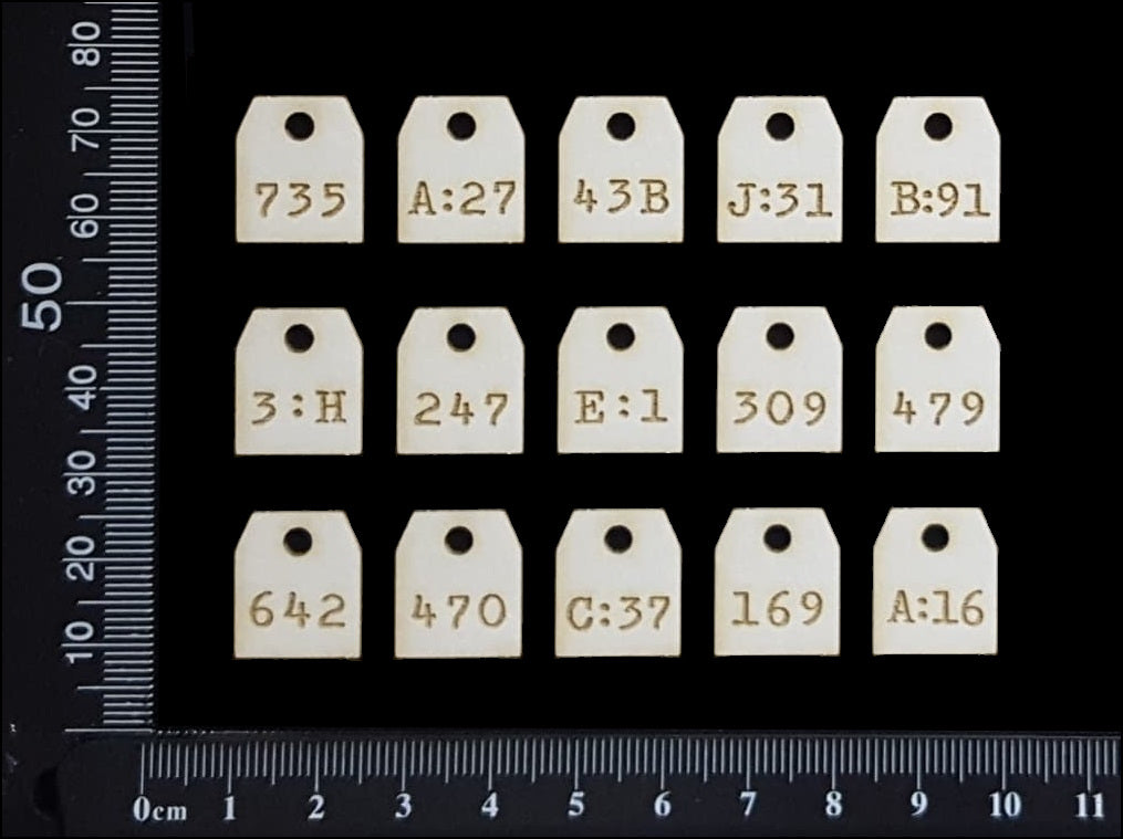 Laser Engraved Number Tags - E - White Chipboard