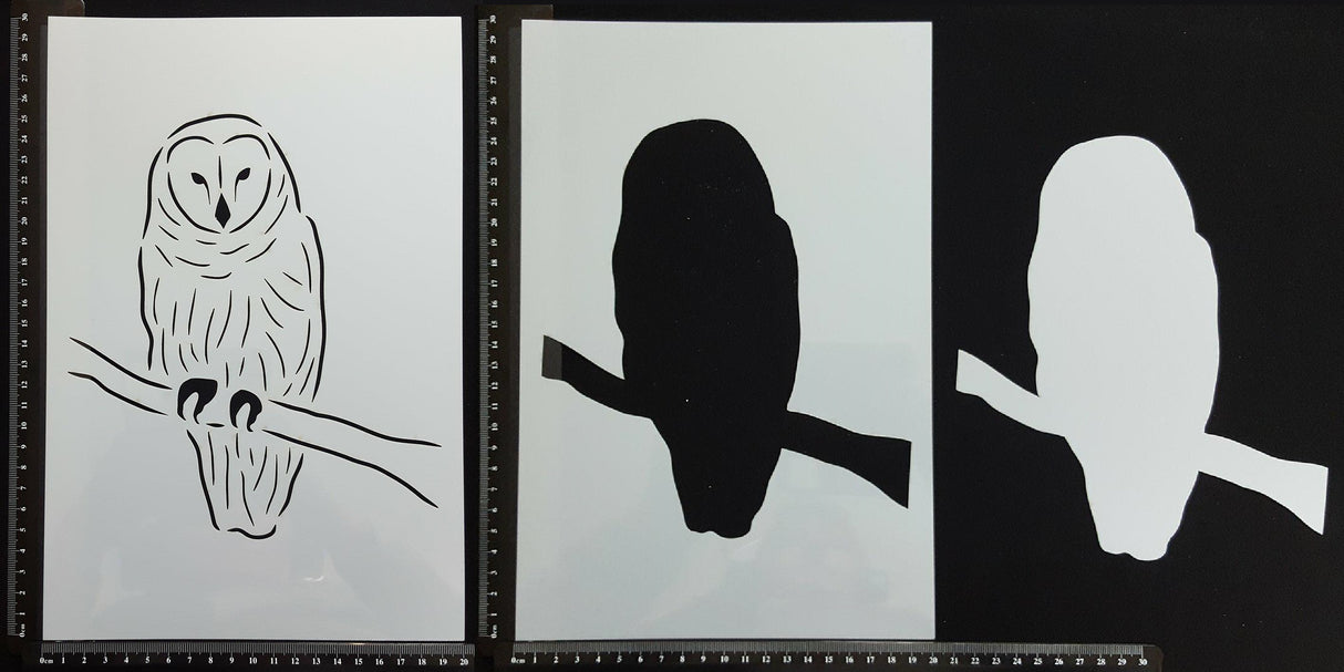 Detailed Sitting Owl - Set of 3 pieces - Stencil - 200mm x 300mm