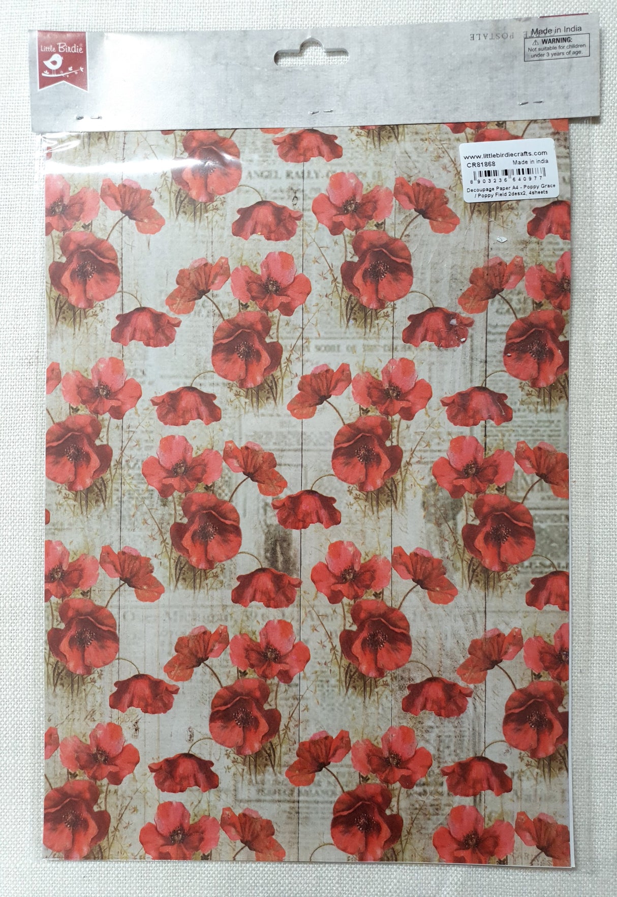 Decoupage Paper - A4 size - 4 sheets - (DP-1014) - Poppy Grace / Poppy Field