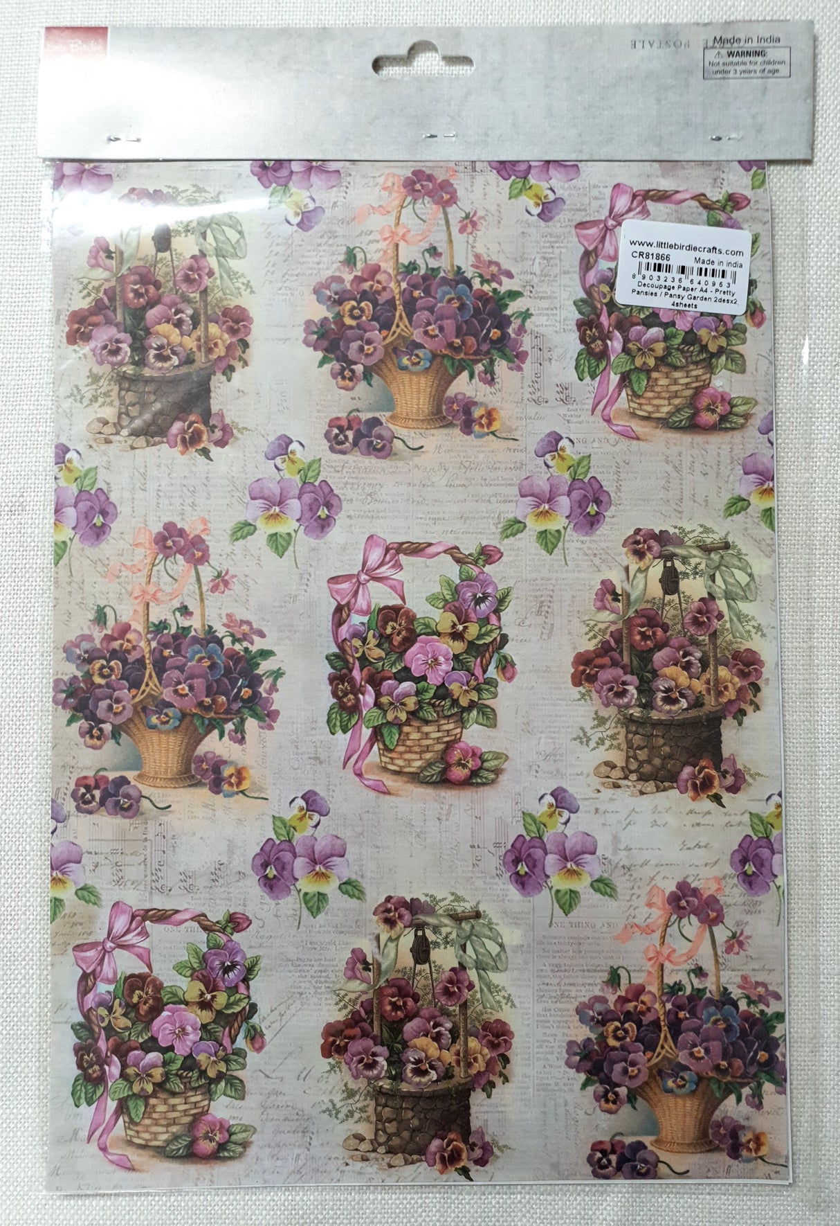 Decoupage Paper - A4 size - 4 sheets - (DP-1015) - Pretty Pansies / Pansy Garden