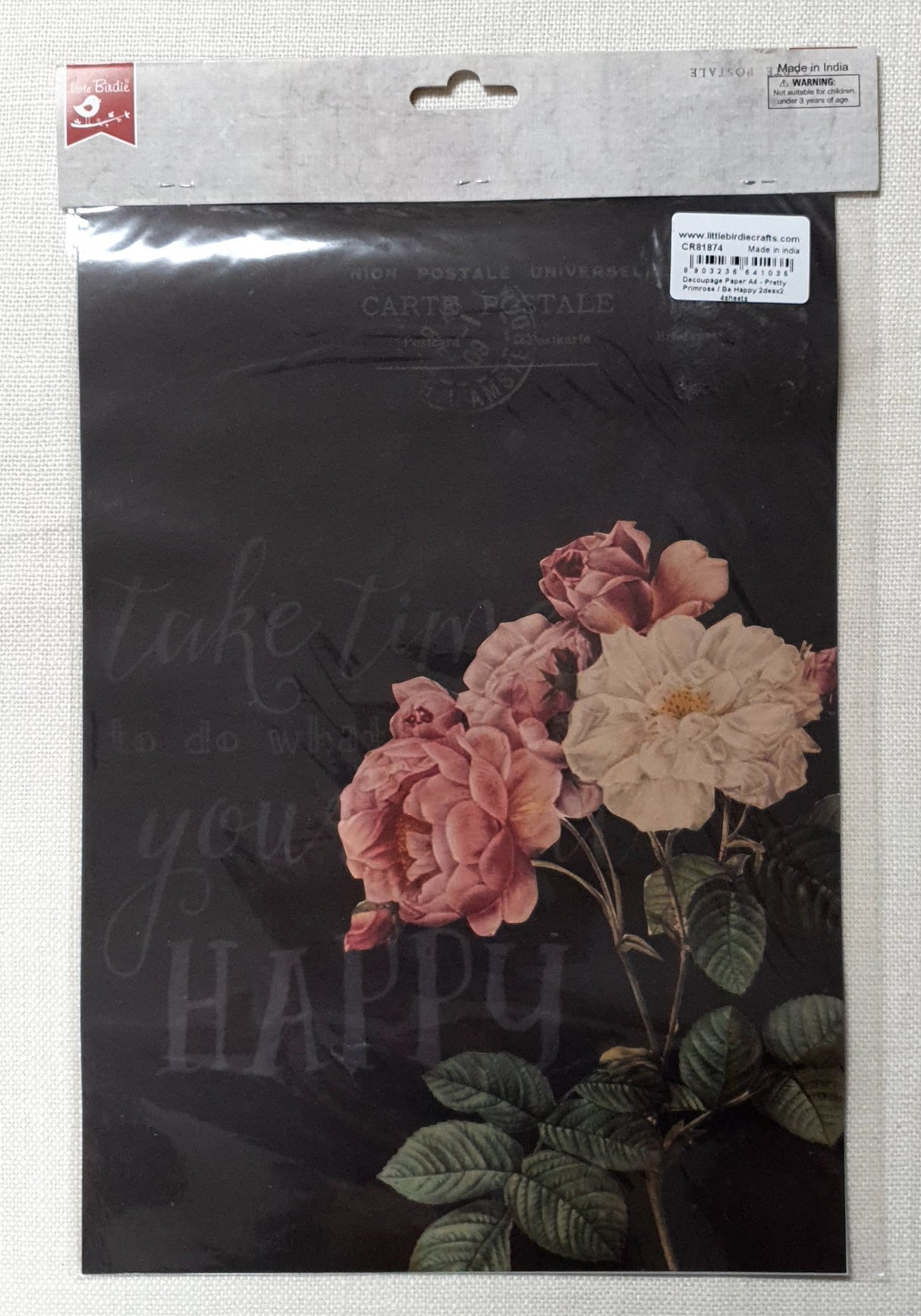 Decoupage Paper - A4 size - 4 sheets - (DP-1011) - Pretty Primrose / Be Happy