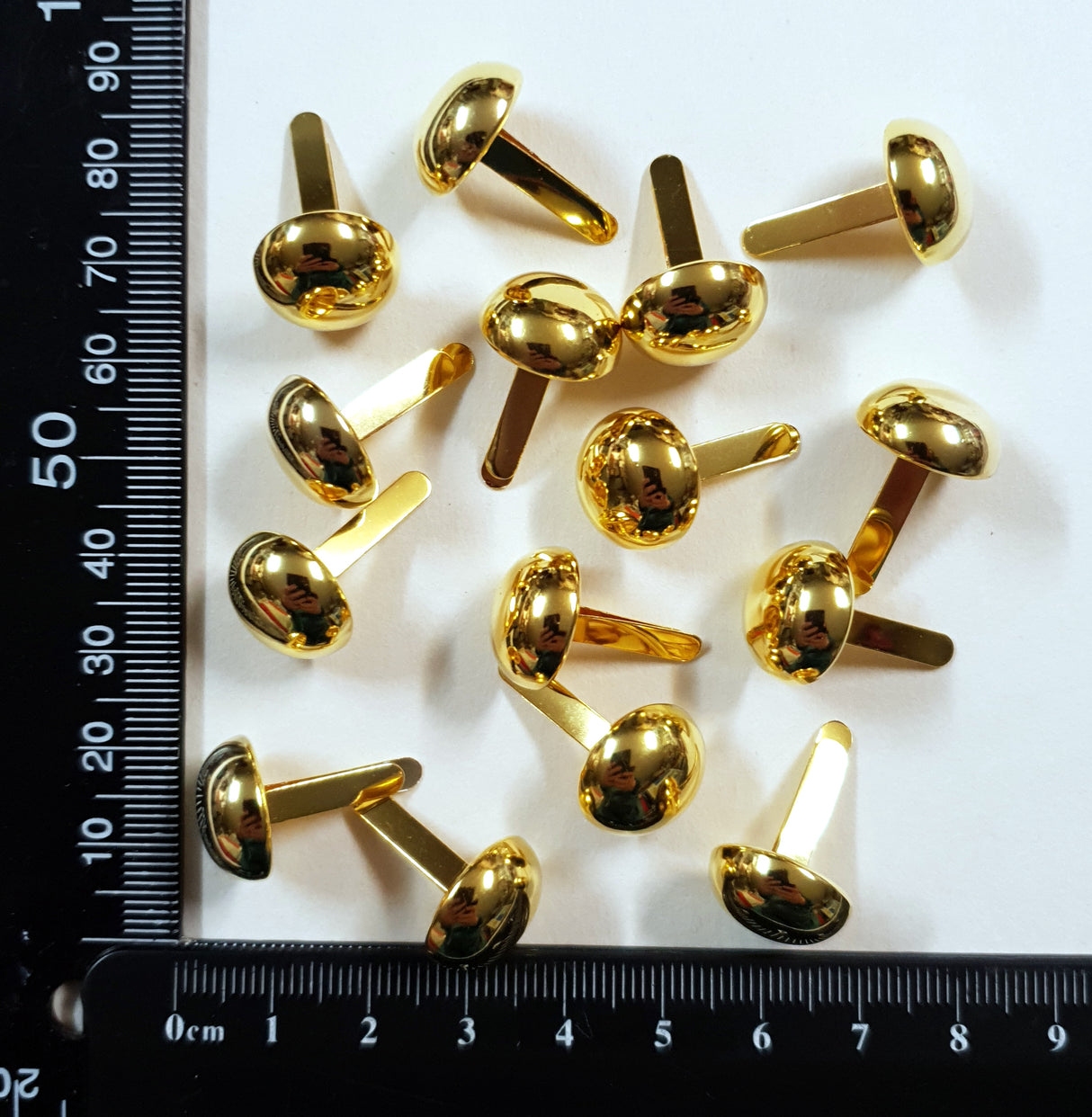Gold Domed Top Brads – 15mm Width Top – set of 15