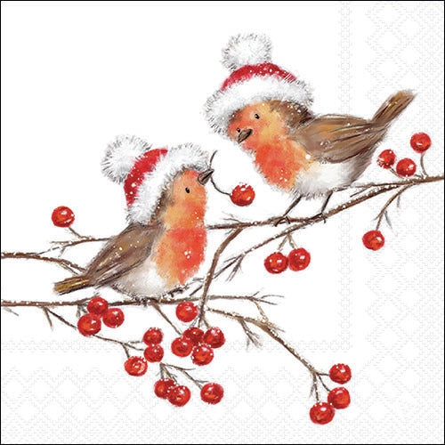 Decoupage Napkin - (DN-8885) -  Christmas Robins White