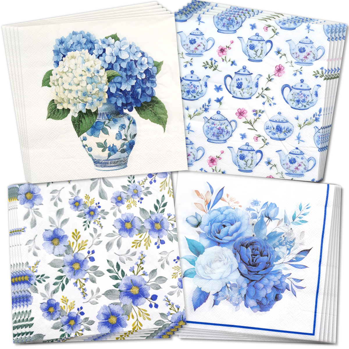 Blue Floral Decoupage Napkin Bundle – Set of 20
