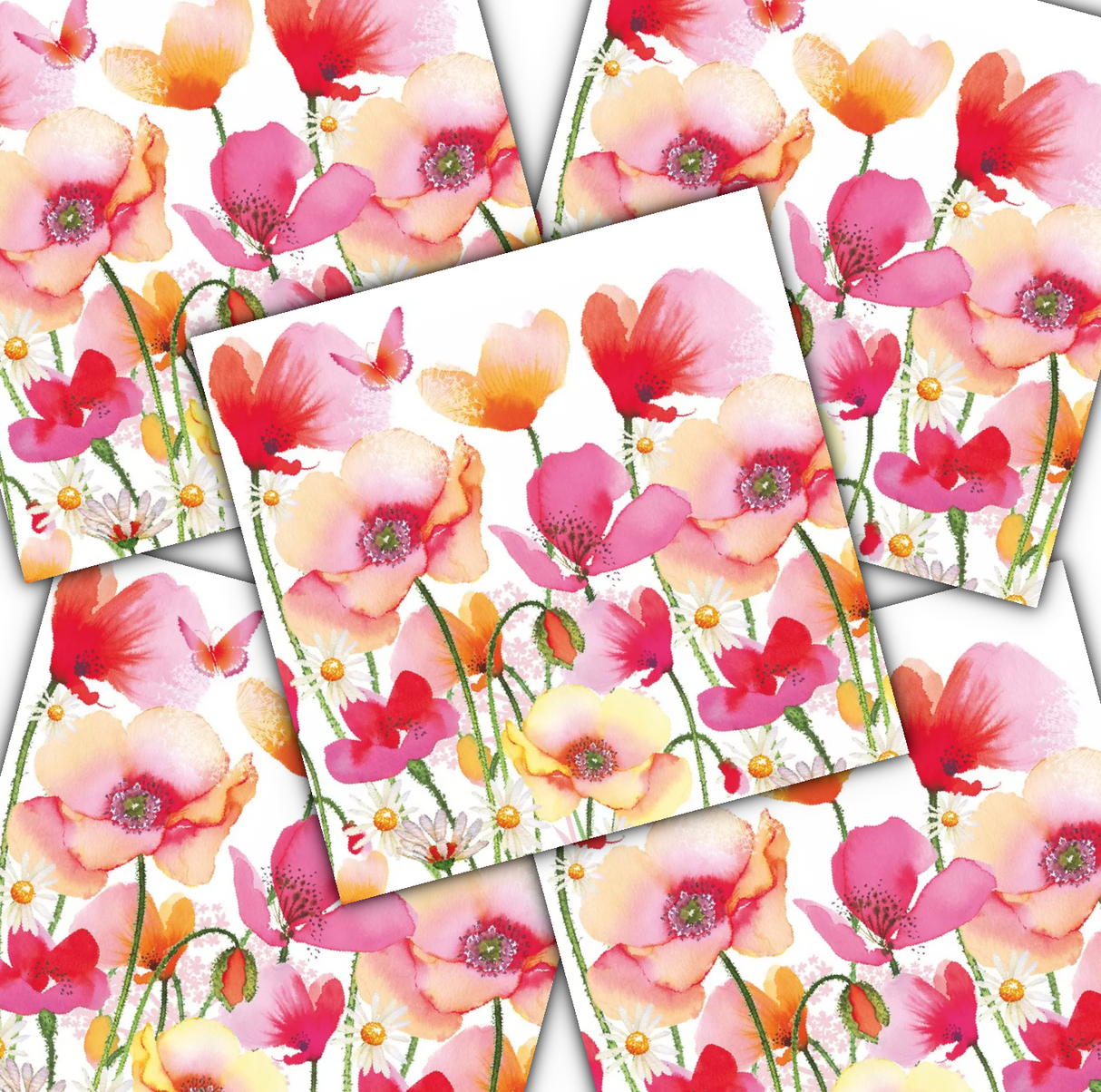 Decoupage Napkin - (DN-8123) - Aquarell Poppies & Daisies - Set of 5