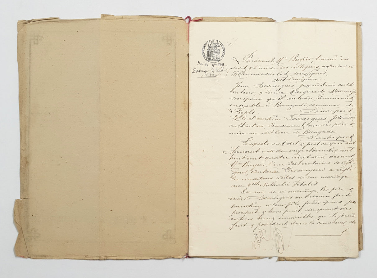 Authentic Antique French 1891 Notaire Document - BW