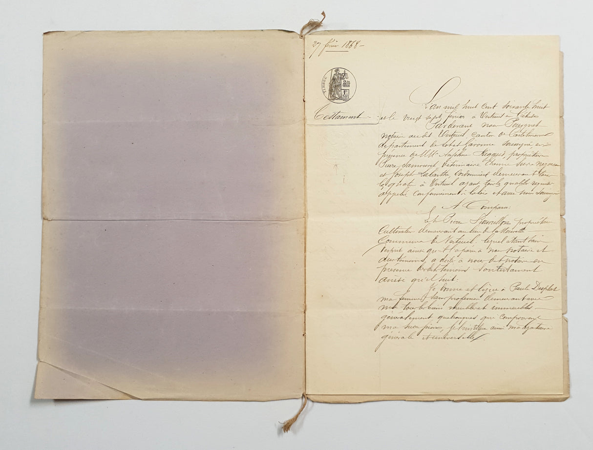 Authentic Antique French 1868 Notaire Document - FB