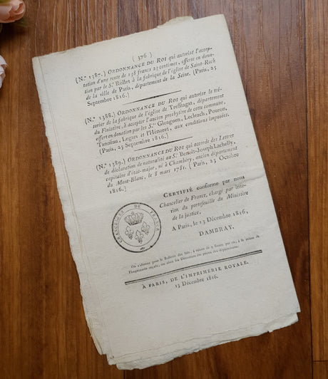 Authentic Antique French 1816 Document - KG