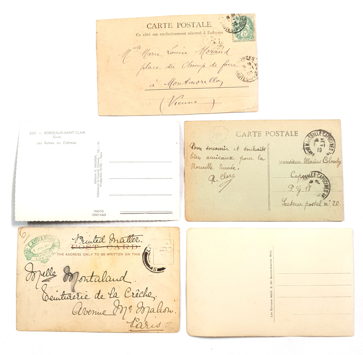 Authentic Vintage/Antique French Postcard - Set of 5 - LG