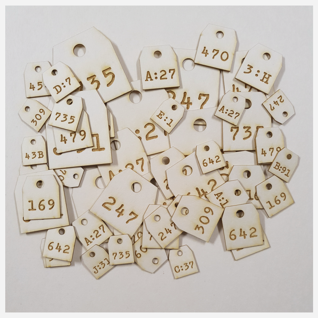 Laser Engraved Number Tag Charms - White Chipboard