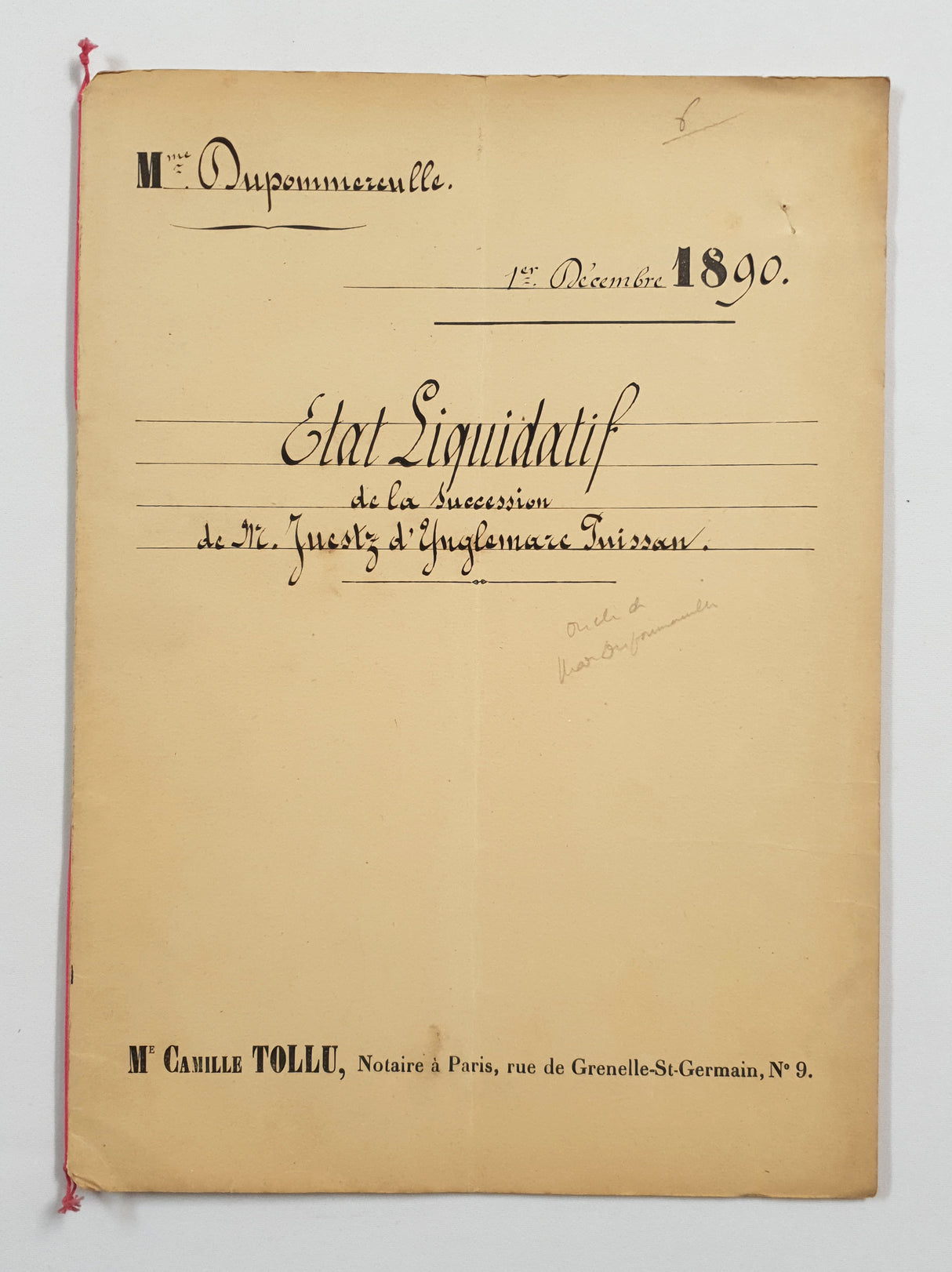 Authentic Antique French 1890 Notaire Document - BY