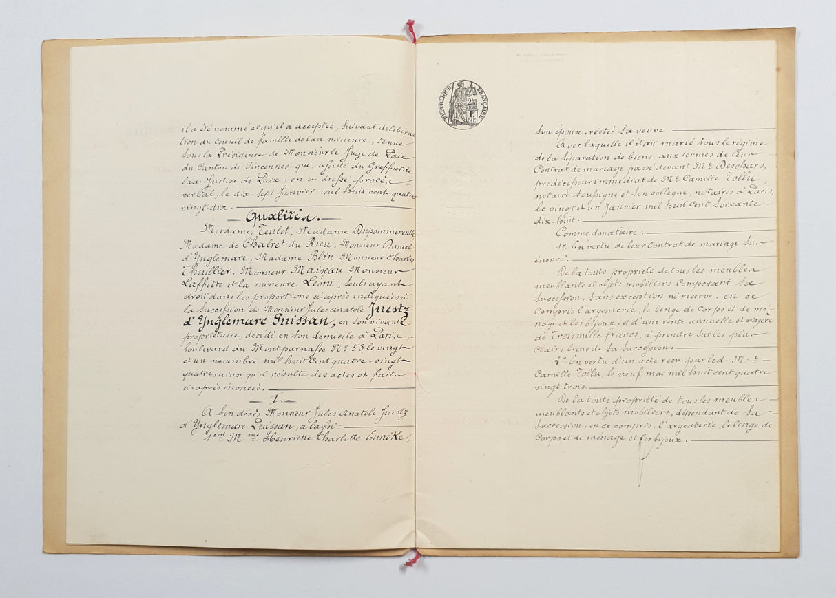 Authentic Antique French 1890 Notaire Document - BY