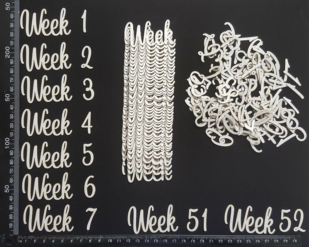 Week words and Numbers 1 - 52 - White Chipboard