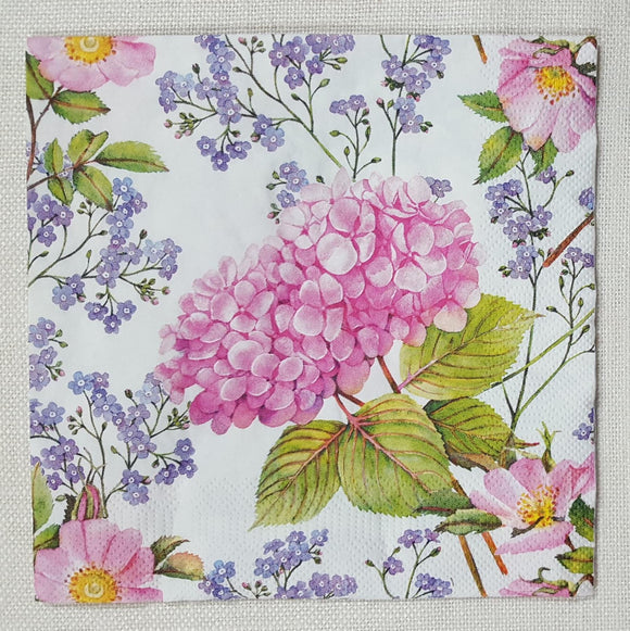 Decoupage Napkin - (DN-8004) - Pink Hydrangea and Forget Me Not