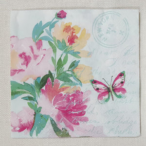 Decoupage Napkin - (DN-8010) - Pink Watercolour Flowers with Butterfly