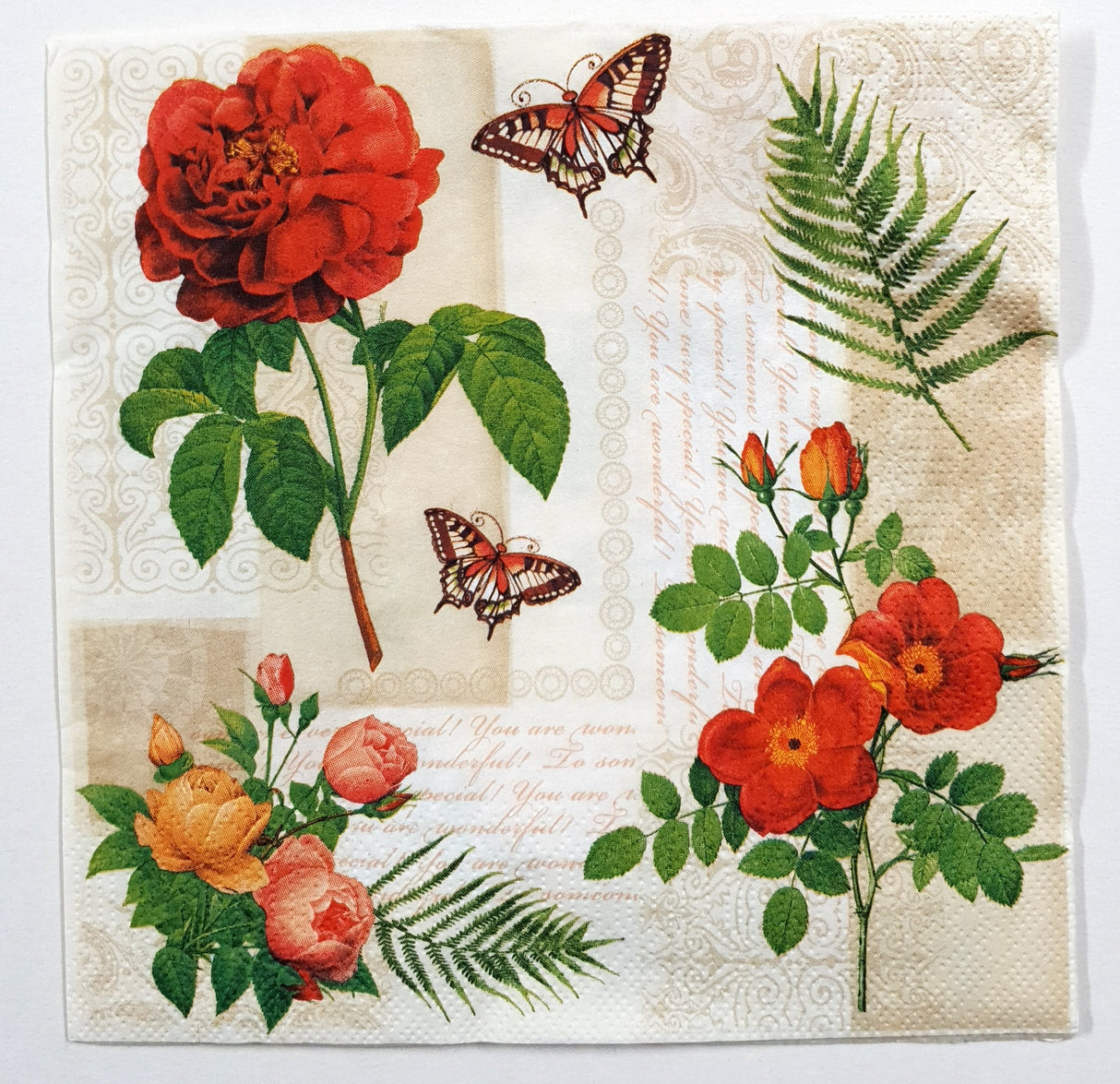 Decoupage Napkin - (DN-8758) - Flowers and Butterflies on Vintage Background