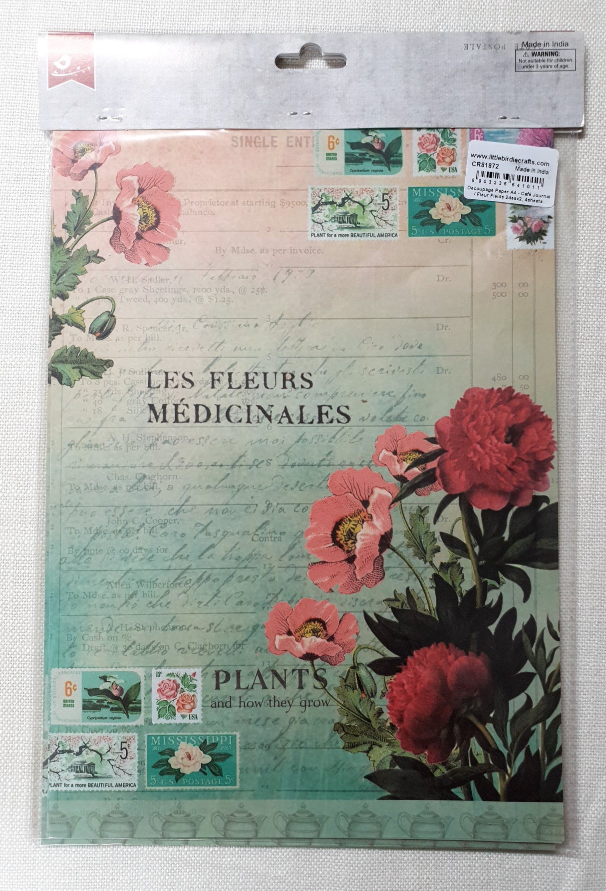 Decoupage Paper - A4 size - 4 sheets - (DP-1007) - Café Journal / Fleur Fields