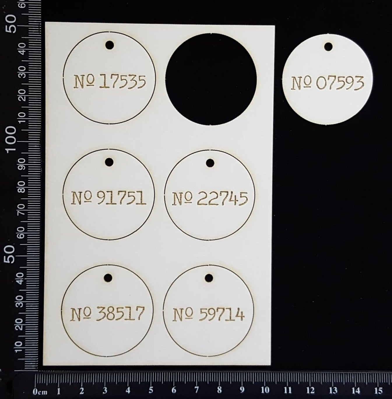 Laser Engraved Circle Number Tags - A - White Chipboard