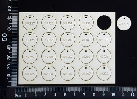 Laser Engraved Circle Number Tags - E - White Chipboard