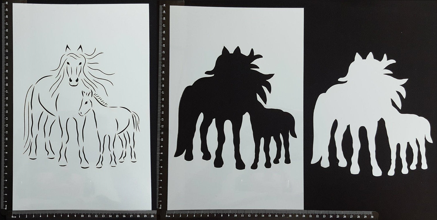 Detailed Horse Mother and Foal - A - Set of 3 pieces - Stencil - 200mm x 300mm