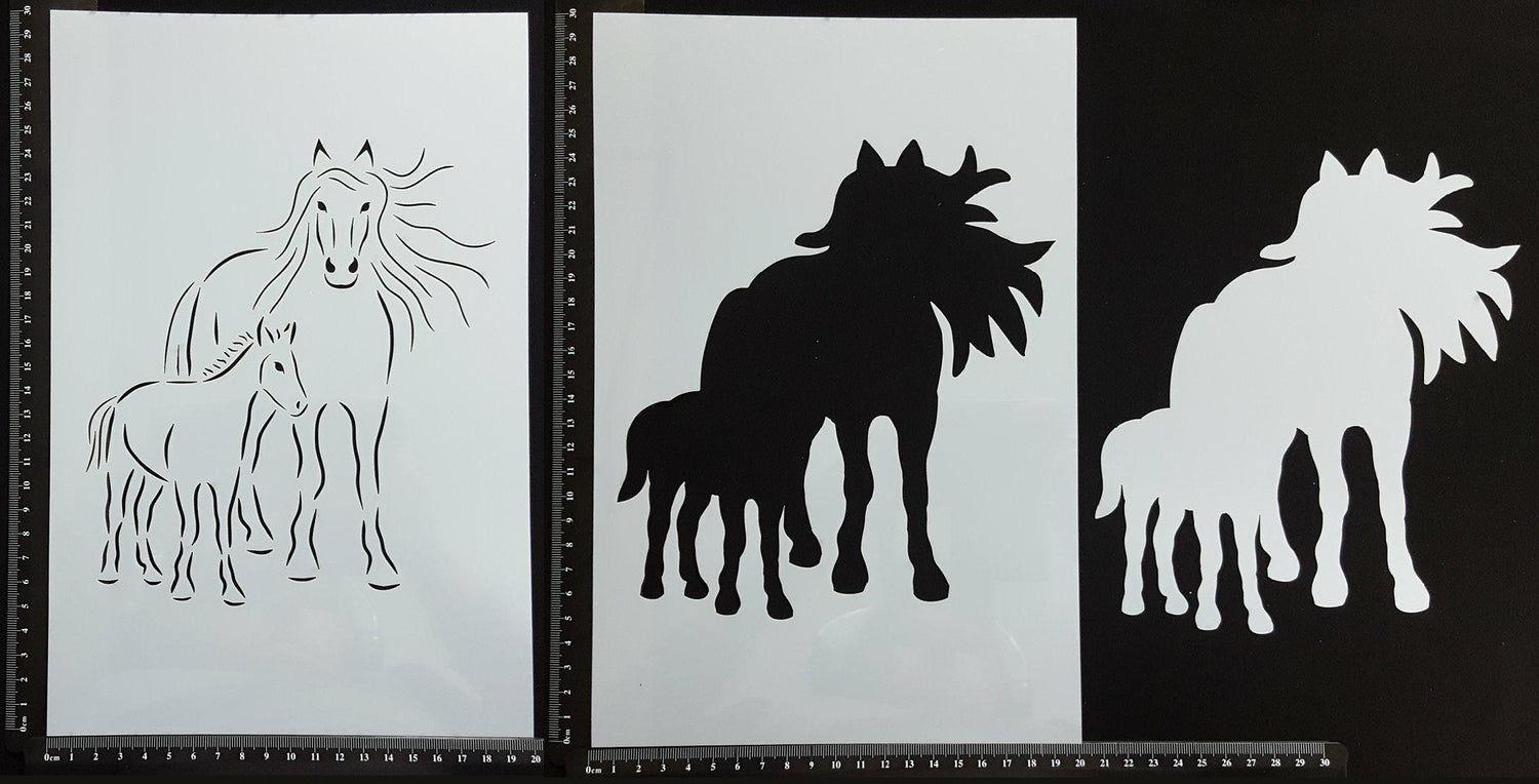 Detailed Horse Mother and Foal - B - Set of 3 pieces - Stencil - 200mm x 300mm