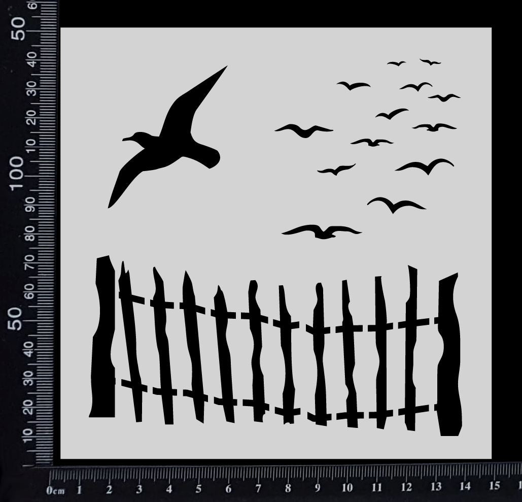 Fence with Flying Seagulls - Stencil - 150mm x 150mm