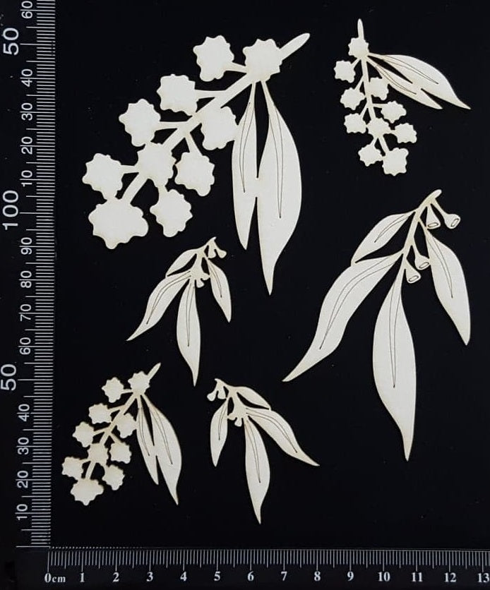 Gum Leaves and Wattle Set - A -  White Chipboard